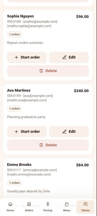 BakeFlow client list with customer history and order totals