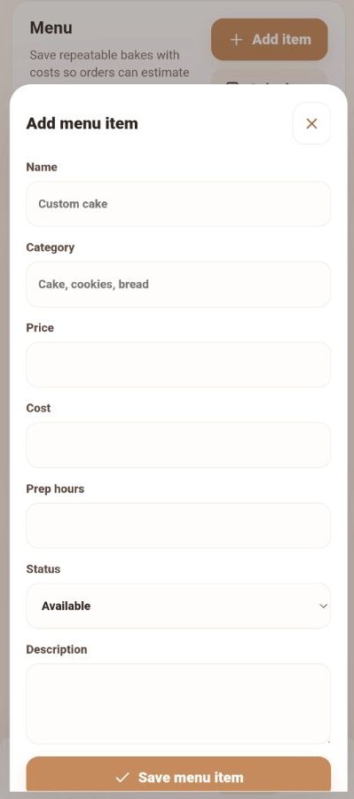 BakeFlow add menu item modal for repeatable bakery items