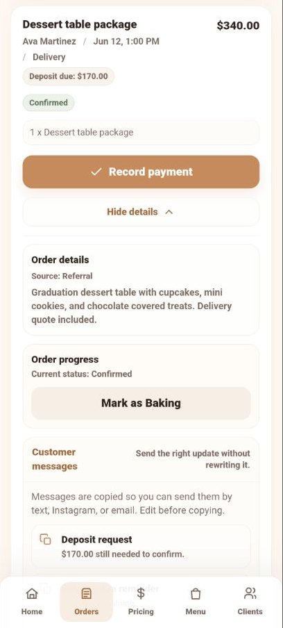 Expanded BakeFlow order card with details, order progress, and customer message actions