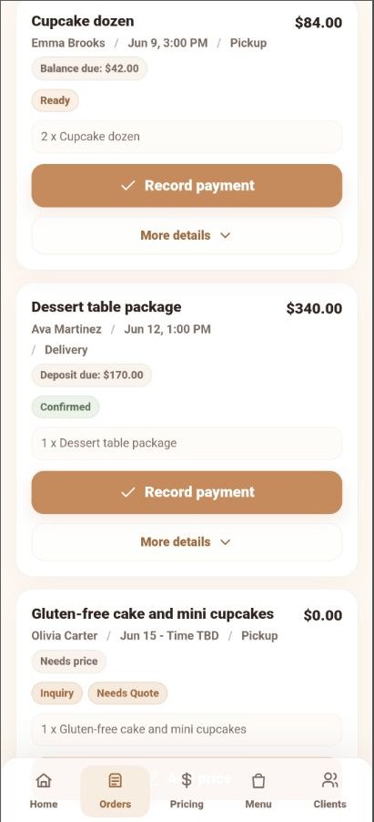BakeFlow orders list with clean custom bakery order cards