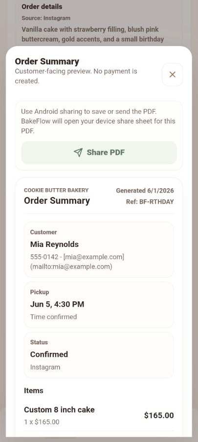 BakeFlow order summary PDF preview with Share PDF button