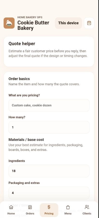 BakeFlow pricing helper for custom cake and cookie quote estimates