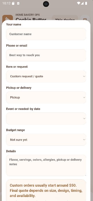 BakeFlow public order form preview with customer fields and request details